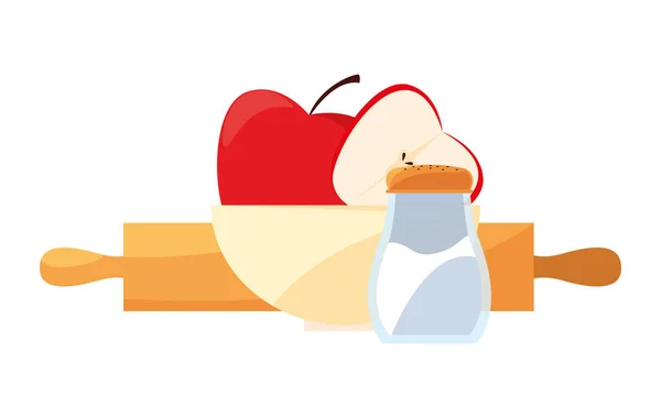 Tazón con manzanas rodillo y preparación de sal cocina — Vector de stock