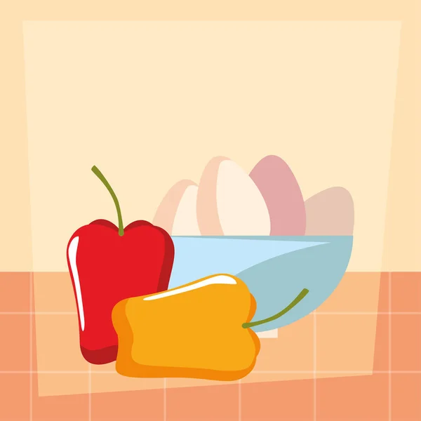 Bol avec oeufs poivre préparation cuisine — Image vectorielle