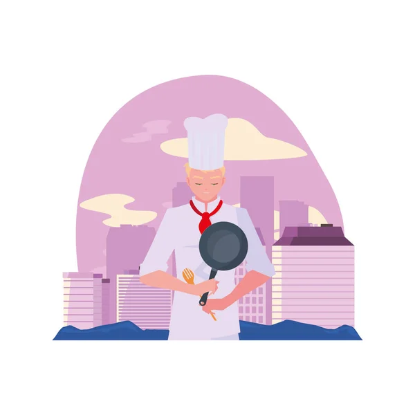 男子厨师拿着煎锅烹饪 — 图库矢量图片