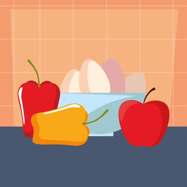 Tazón con huevos pimienta manzana preparación cocina — Vector de stock