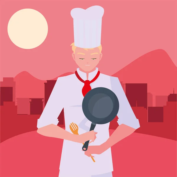 Man chef houden koekenpan koken — Stockvector