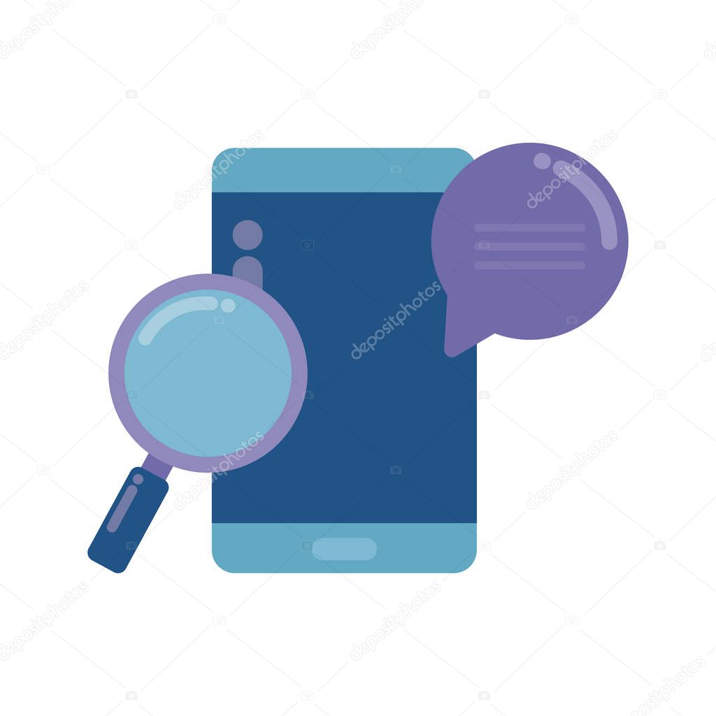 smartphone with magnifying glass and speech bubble