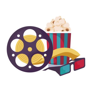 gözlük 3d ve patlamış mısır ile sinema makara bant