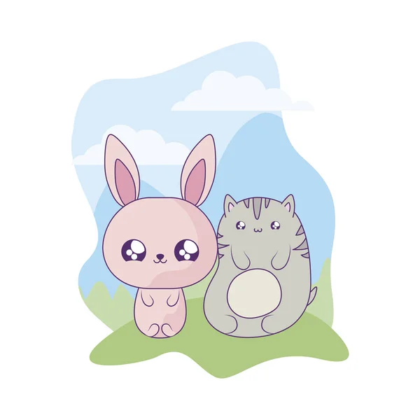 可爱的猫宝宝与兔子动物卡瓦伊风格 — 图库矢量图片