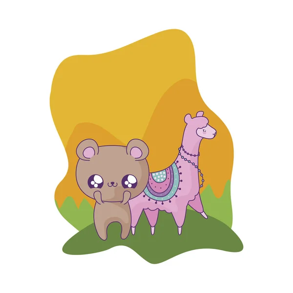 Urs drăguț cu animale alpaca stil kawaii — Vector de stoc