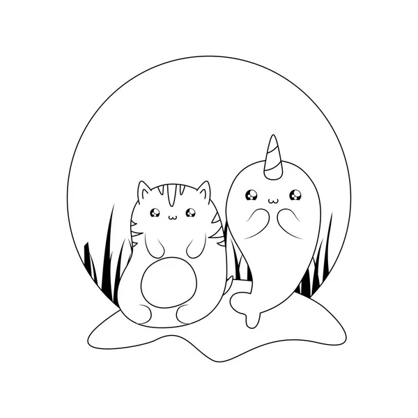 Lindo narval cuento de hadas con gato kawaii estilo — Vector de stock