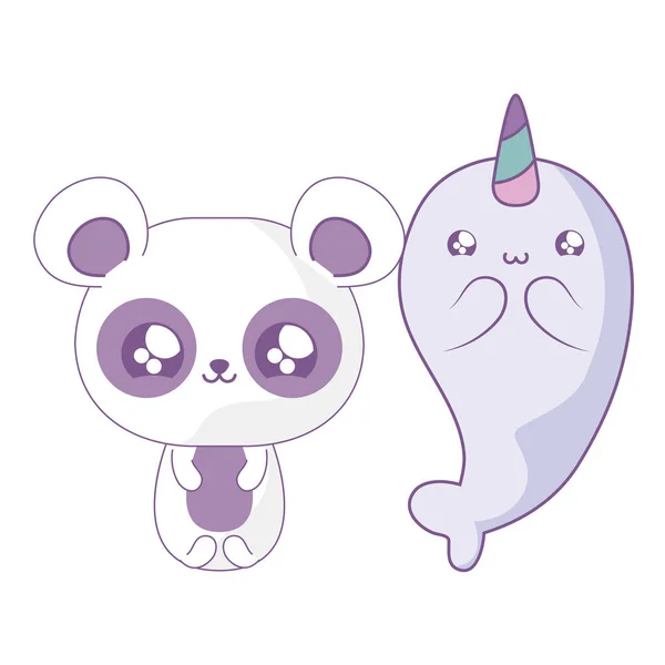 Cute narwhal dengan panda beruang bayi hewan kawaii gaya - Stok Vektor