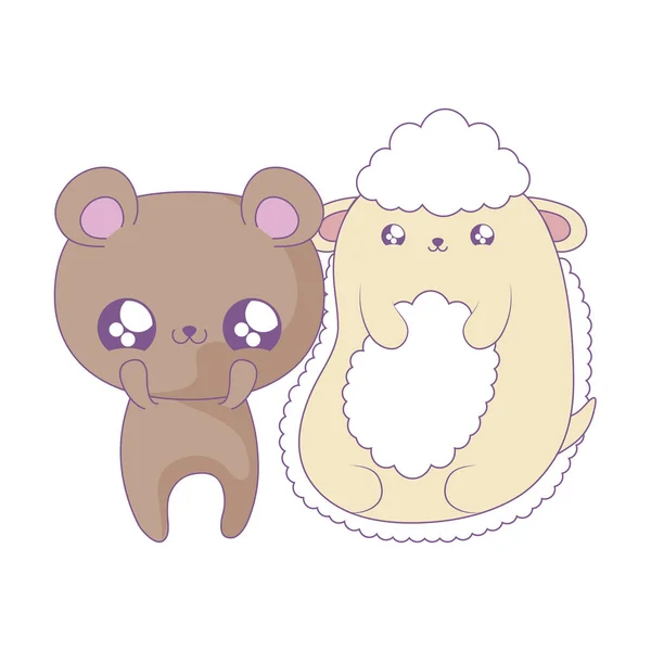 Lindo oso con ovejas bebé animales kawaii estilo — Vector de stock