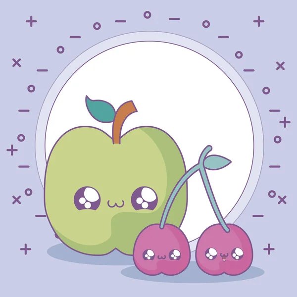 Manzana fresca con frutas de cerezas estilo kawaii — Vector de stock