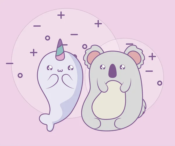 Cute Narwhal z Koala Baby zwierzęta Kawaii styl — Wektor stockowy