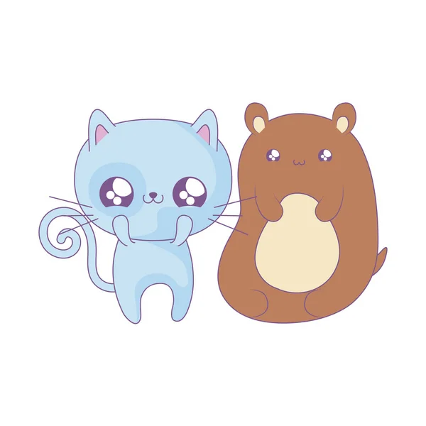Schattige kat met Bear baby dieren kawaii stijl — Stockvector