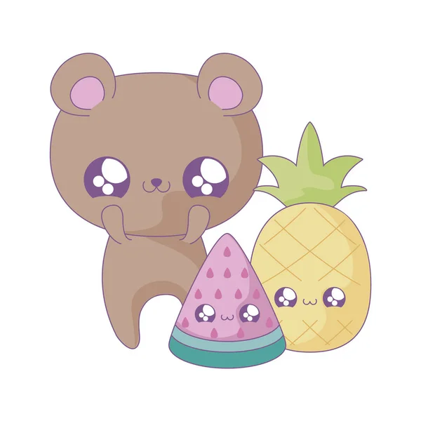 Lindo oso bebé con frutas kawaii estilo — Archivo Imágenes Vectoriales