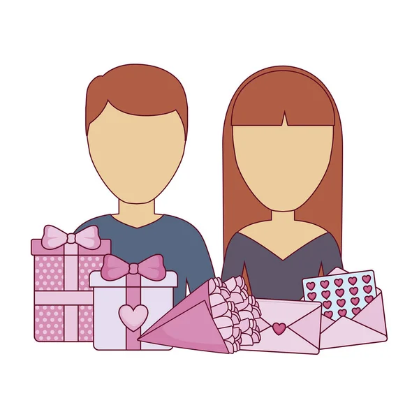 Pareja joven encantadora con cajas de regalo y flores de ramo — Vector de stock