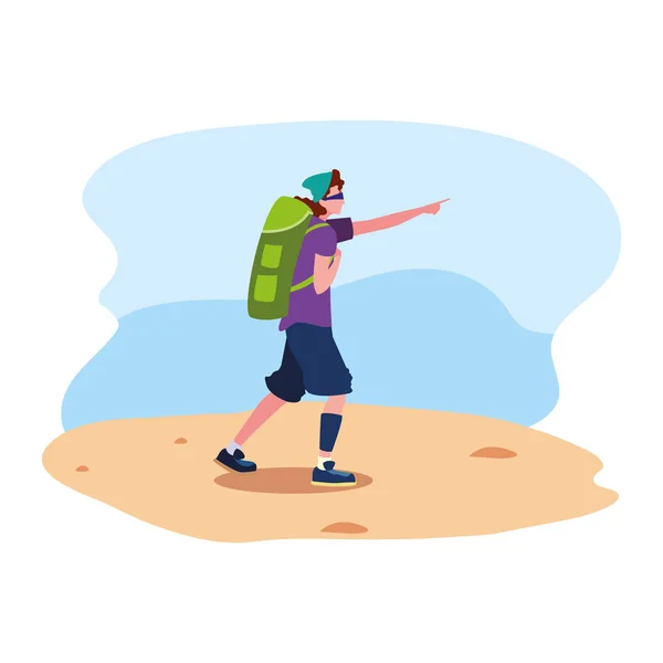 Jeune homme avec sac à dos sable de marche — Image vectorielle
