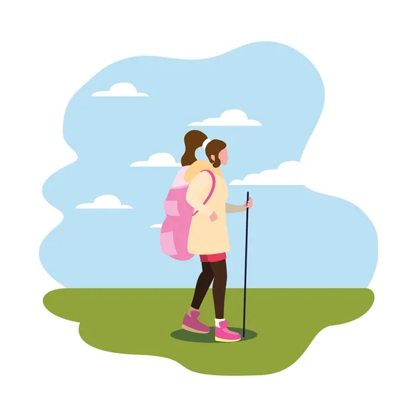 Жінка з рюкзаком ходить блукаючим захопленням — стоковий вектор