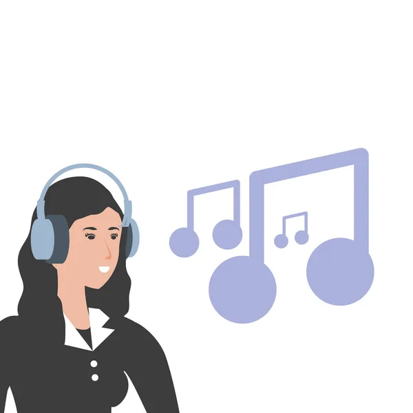 Schattige jonge vrouw met oortelefoons en muziek Opmerking — Stockvector