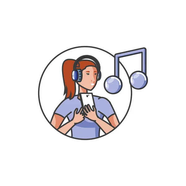 Jovem mulher bonito com fones de ouvido e nota de música — Vetor de Stock