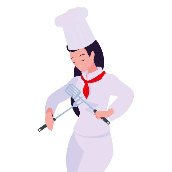 Woman chef with fork and skimmer cooking — Stock Vector