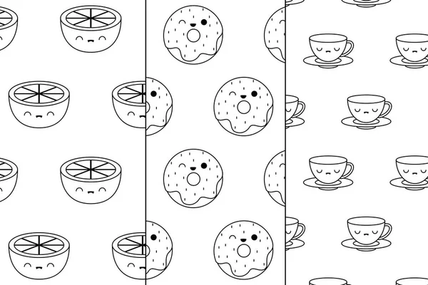 Модель пончиков с апельсинами и чашками Кавайи — стоковый вектор