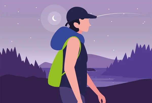 Man with backpack hiking wanderlust — Stock Vector