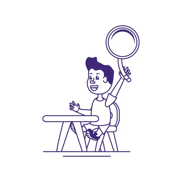 Petit élève garçon avec loupe dans le bureau de l'école — Image vectorielle