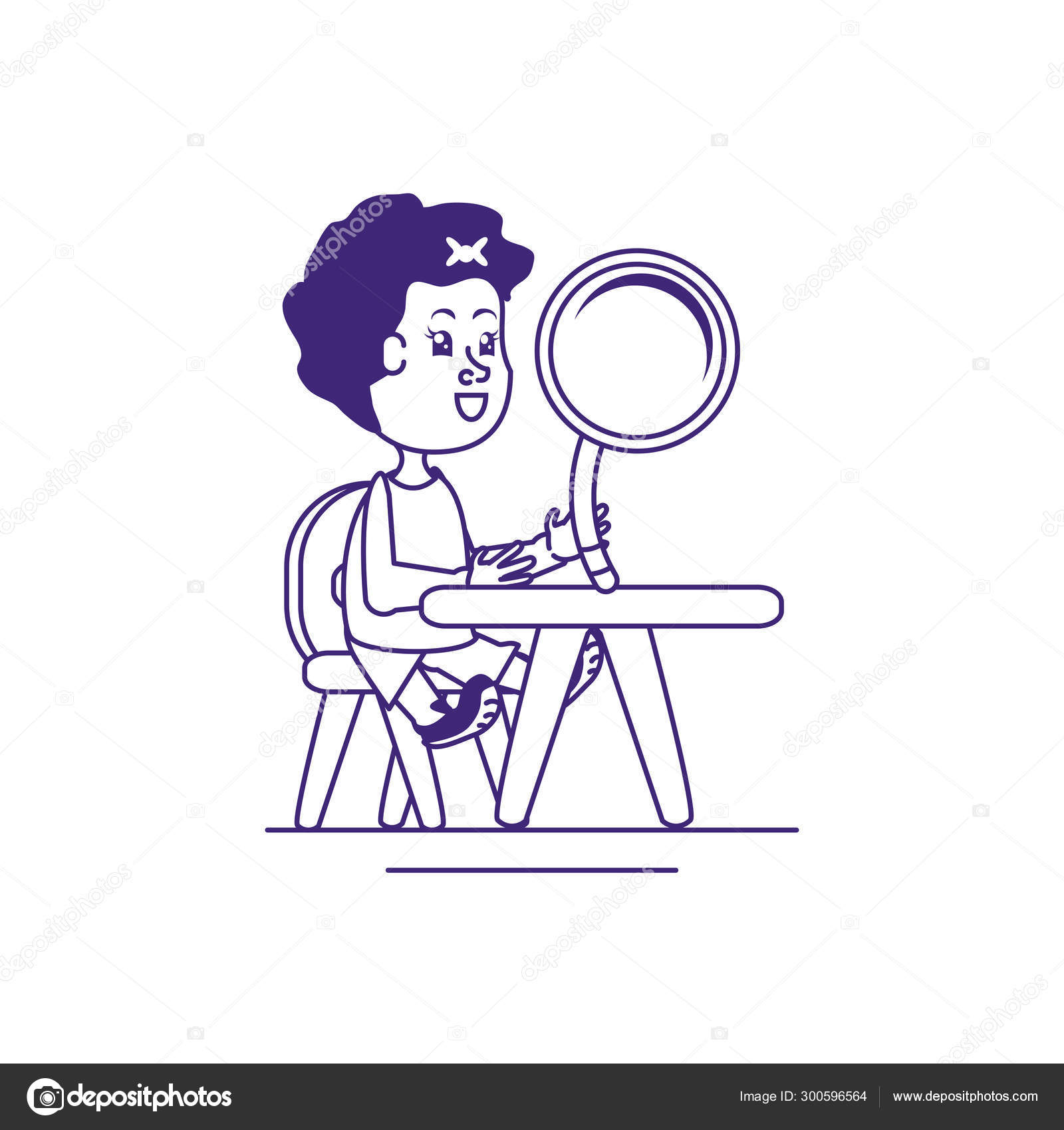 Little Student Girl With Magnifying Glass In School Desk Stock