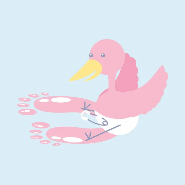 Söt Stork med blöja och fotavtryck baby — Stock vektor