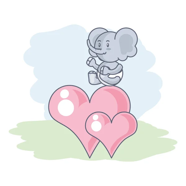 Schattige olifant baby dier en harten liefde — Stockvector