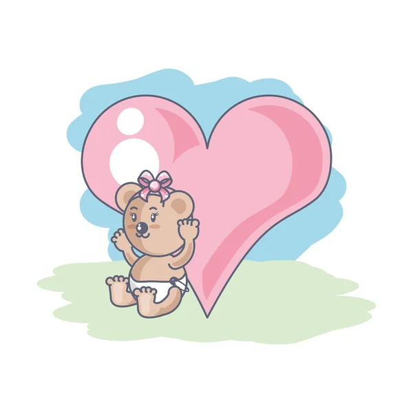 Lindo hembra oso bebé y corazón amor — Vector de stock
