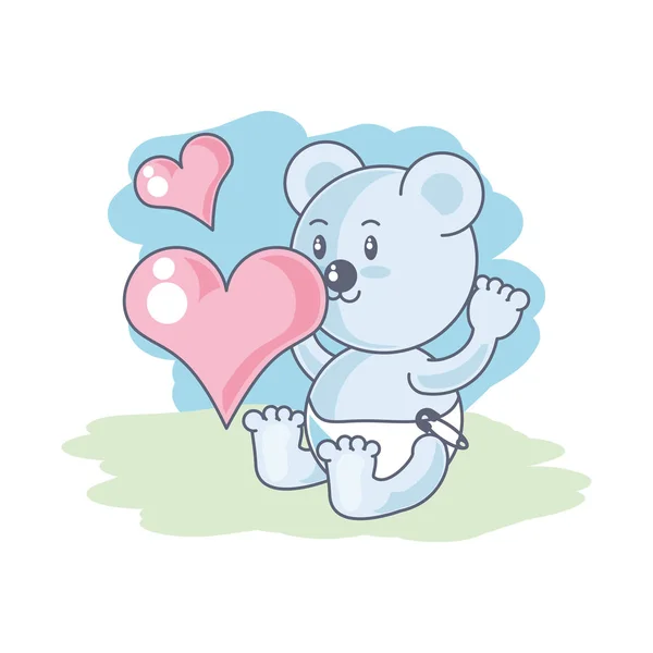 Lindo oso bebé animal y corazones amor — Vector de stock