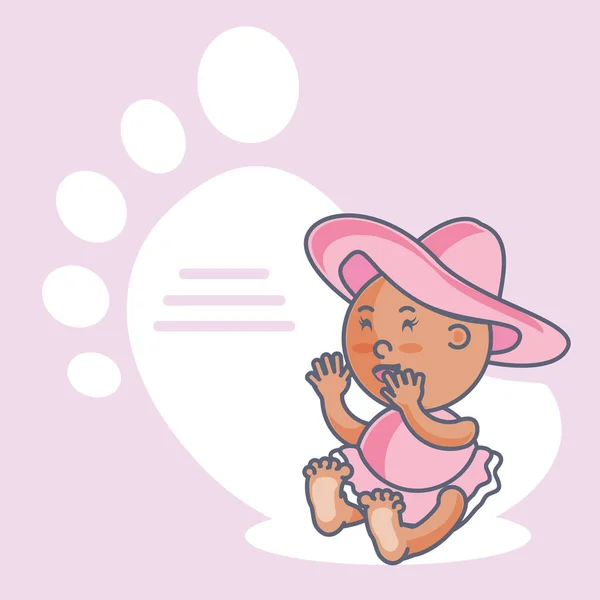 Bébé fille mignonne avec chapeau et décoration empreinte de pas — Image vectorielle