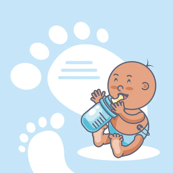 Lindo bebé niño con biberón leche y huellas decoración — Archivo Imágenes Vectoriales