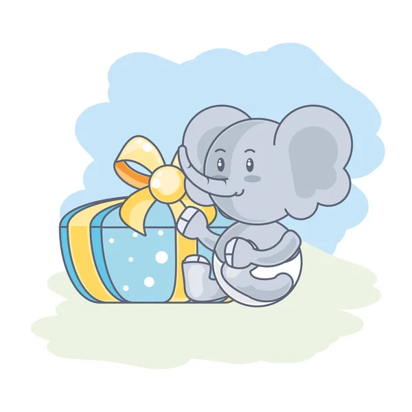 Bebé elefante lindo con caja de regalo — Vector de stock