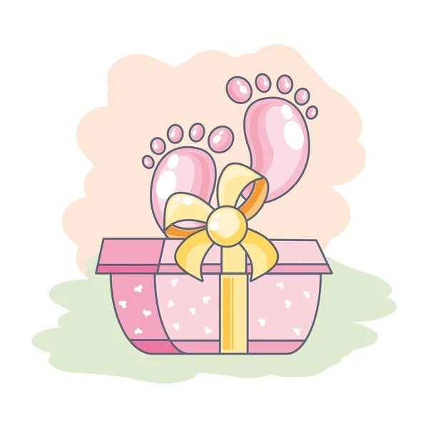 Niedliche Baby-Fußabdrücke mit Geschenk-Box — Stockvektor