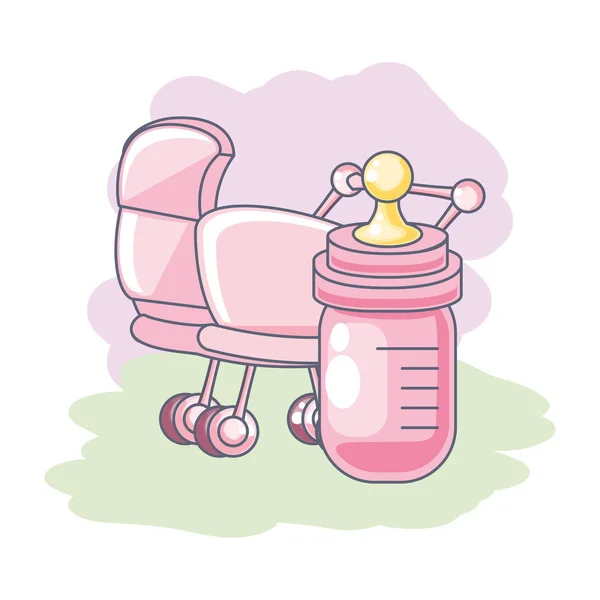 Lait de bouteille mignon avec chariot bébé — Image vectorielle