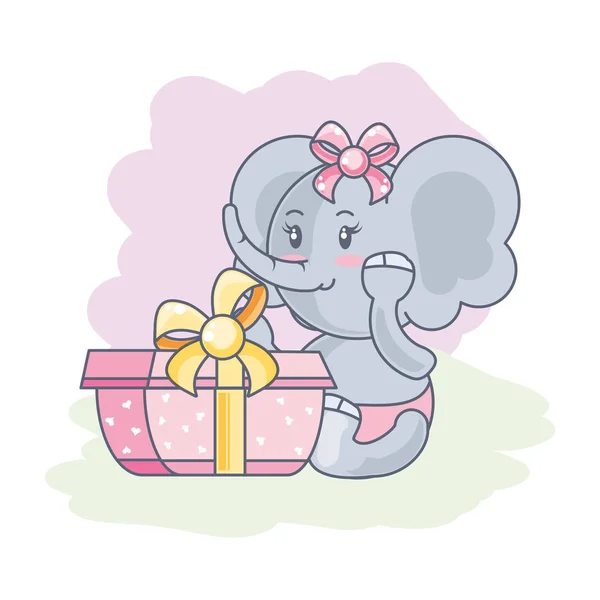 Cute żeński słoń dziecko z pudełka prezent — Wektor stockowy