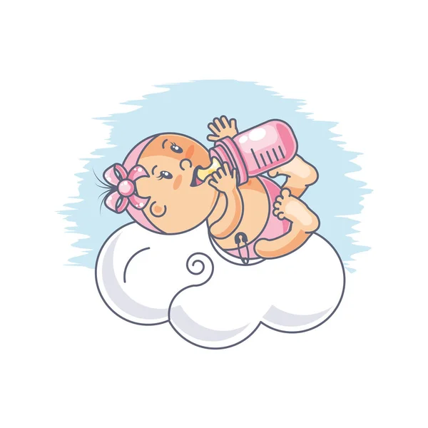 Şişe süt ve bulut ile sevimli bebek kız — Stok Vektör