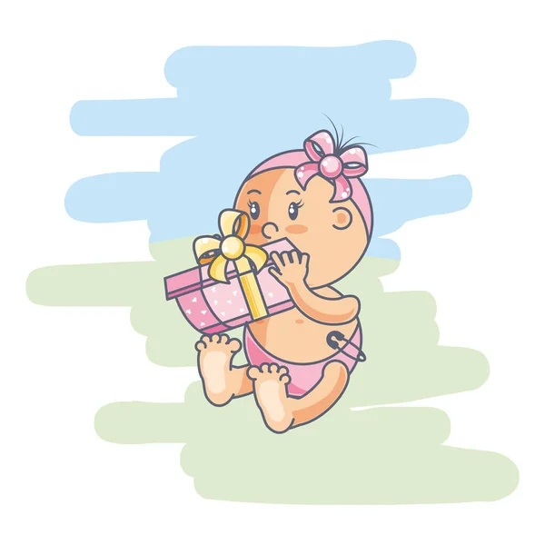 Mignon bébé fille avec boîte cadeau — Image vectorielle