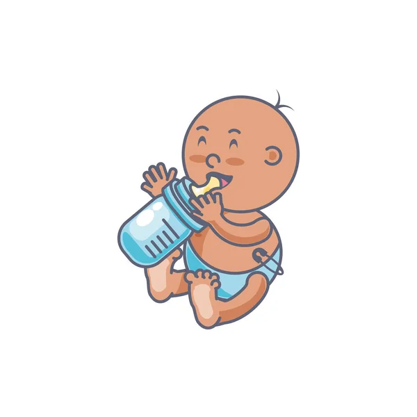 Schattige baby jongen met fles melk avatar karakter — Stockvector