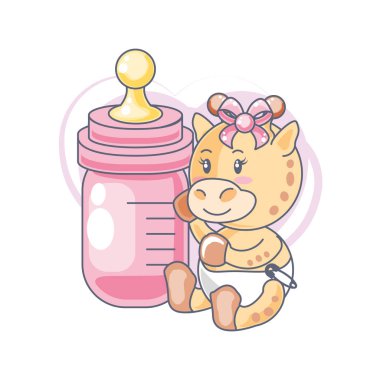 sevimli kadın zürafa bebek ve şişe sütü