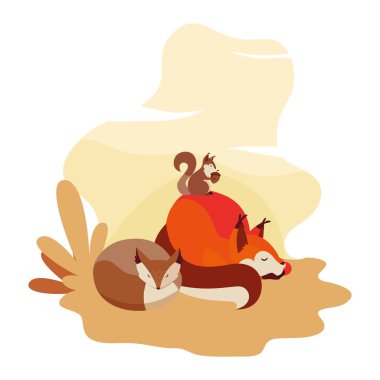 tilki ve sincap mutlu sonbahar sezonu tasarımı