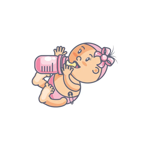 Lindo bebé chica con biberón leche avatar carácter — Vector de stock