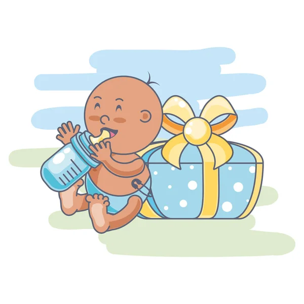 Niedliche Baby-Junge mit Flasche Milch und Geschenkbox — Stockvektor