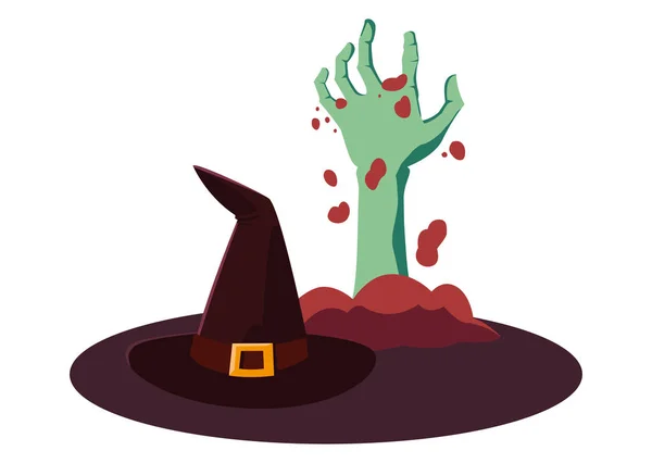 Witch hat and zombie hand happy halloween celebration — Stock Vector