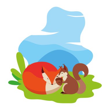 tilki ve sincap mutlu sonbahar sezonu tasarımı