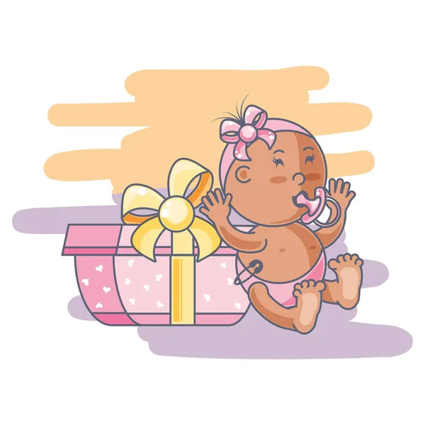 Niedliches Baby-Mädchen mit Schnuller und Geschenkbox — Stockvektor
