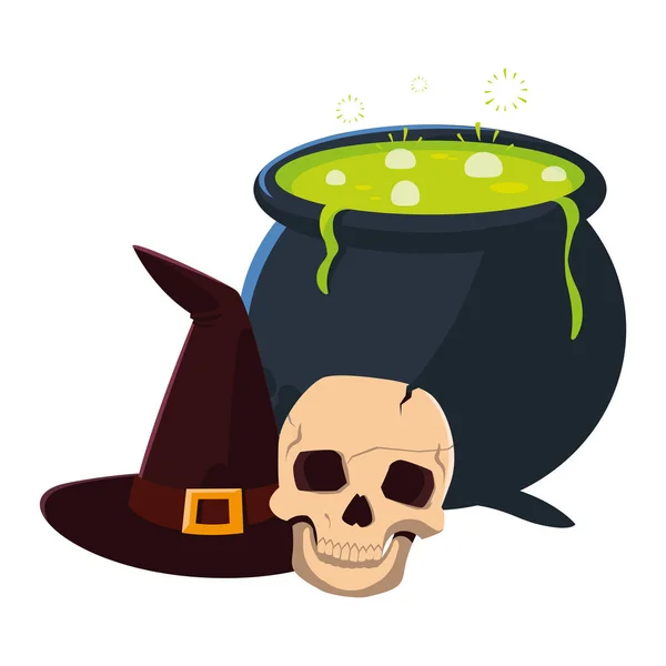 Caldero cráneo sombrero feliz halloween celebración — Archivo Imágenes Vectoriales