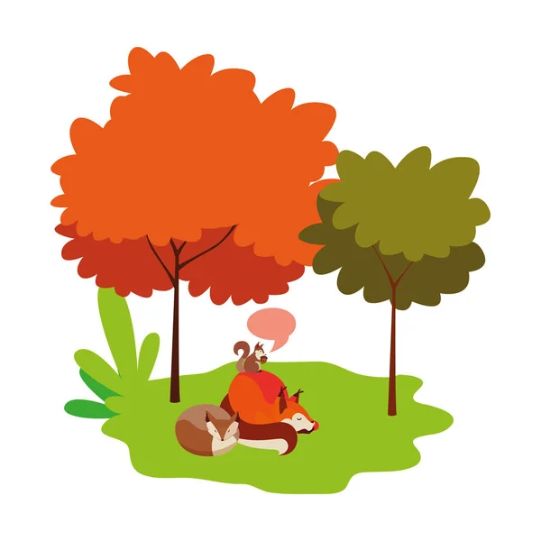 Αλεπού και σκίουρος χαρούμενο φθινοπωρινό σχεδιασμό σεζόν — Διανυσματικό Αρχείο