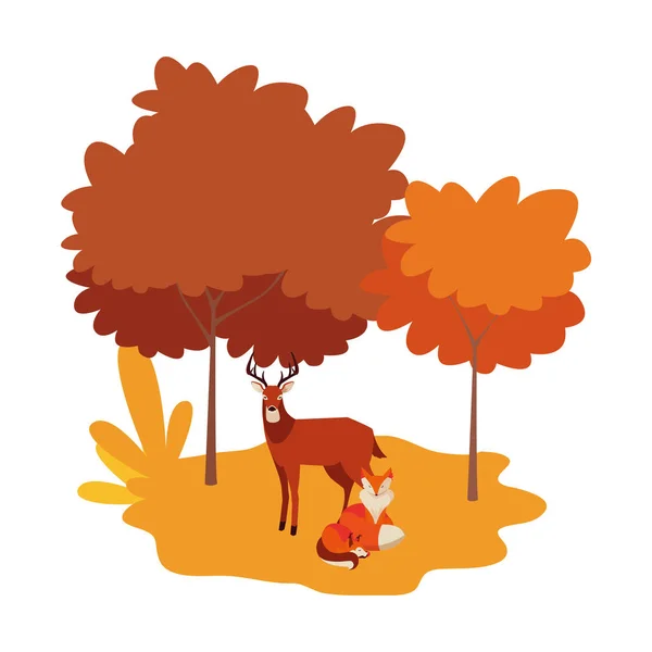 Αλεπού και ελάφια θηλαστικό χαρούμενο φθινοπωρινό σχεδιασμό σεζόν — Διανυσματικό Αρχείο