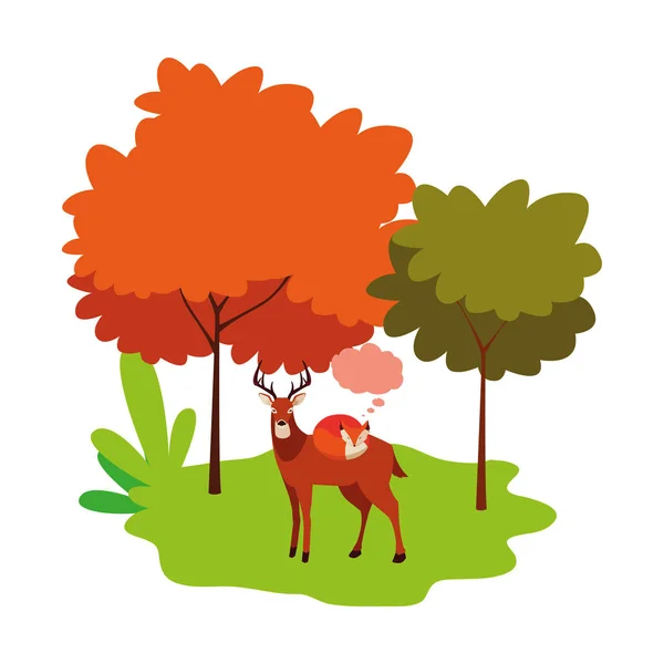 Zorro y ciervo mamífero feliz otoño temporada diseño — Vector de stock